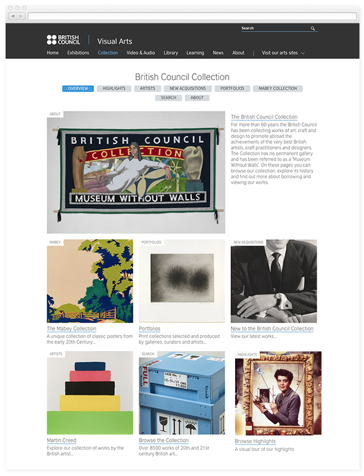 Screen of the British Council Visual Arts collection landing page.