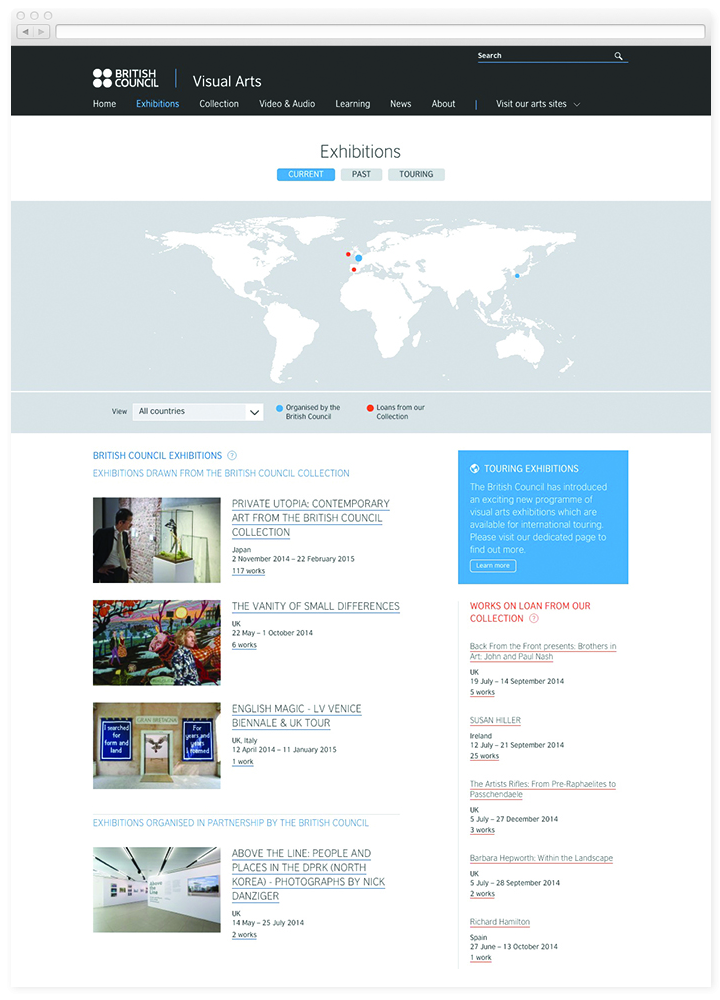 Screen of the British Council Visual Arts what's on page.