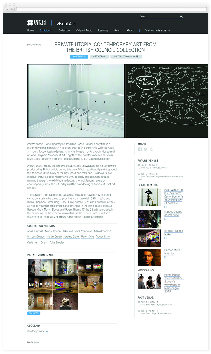 Screen of the British Council Visual Arts exhibition page.