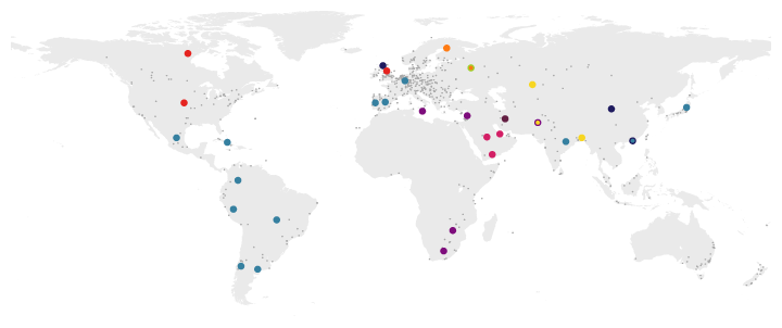 A map of the world with various size dots for the I shake you by the hand, comrade Bacon exhibition.