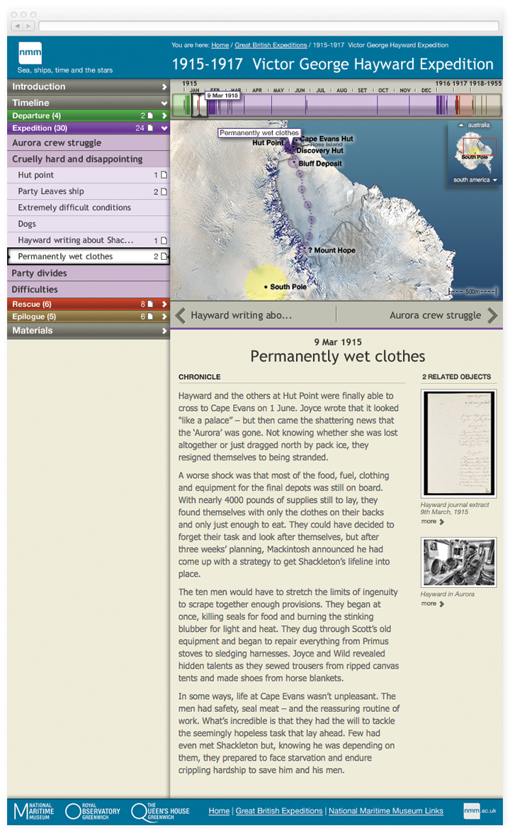 Screen of a chapter from the Stories with an interactive timeline and map and related items from the archives.