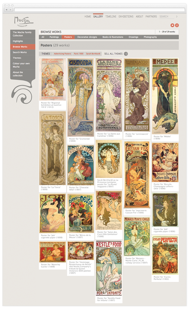 Screen of the Mucha Foundation gallery browse page.