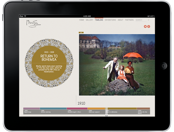 The Mucha Foundation website on a tablet.