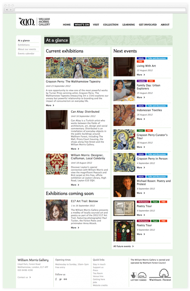 Screen of the William Morris Gallery what's on at a glance page