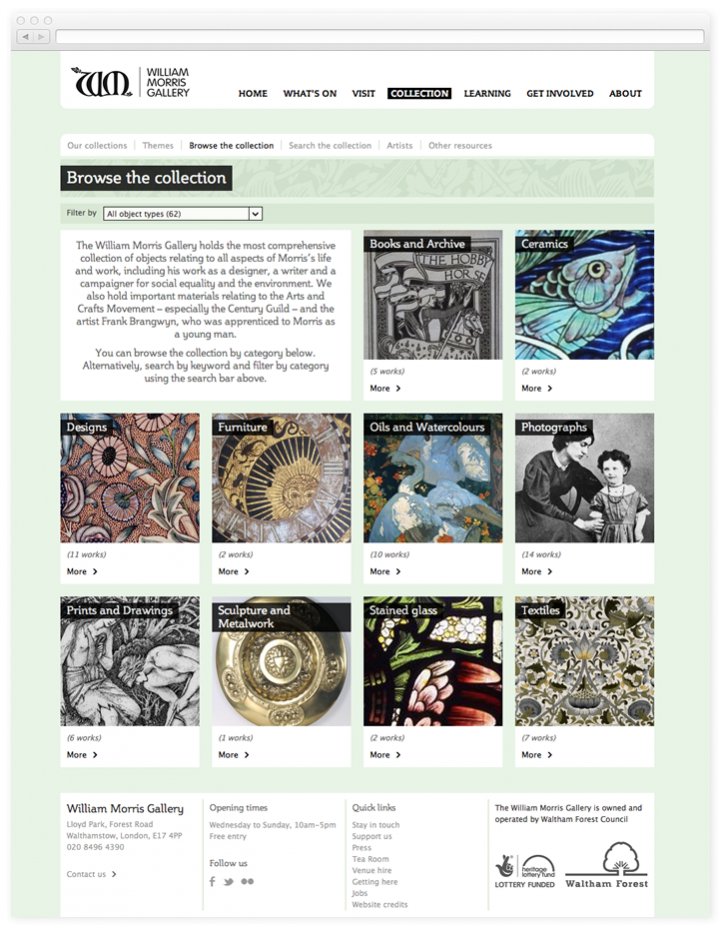 Screen of the William Morris Gallery collection browse page