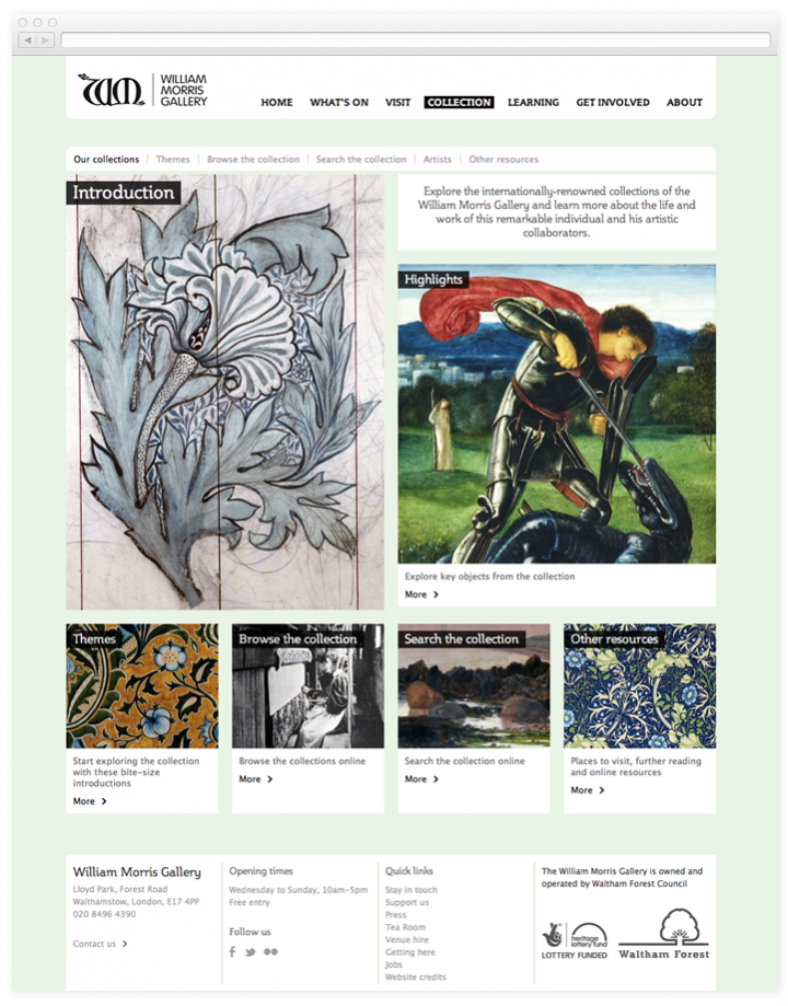 Screen of the William Morris Gallery collection landing page