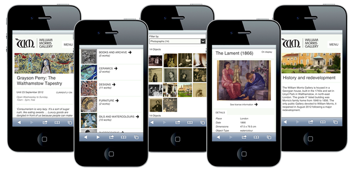 The William Morris Gallery website on an iphone, showing 5 different screens